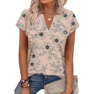 image:imageWIHOLL Womens Summer Tops V Neck T Shirts Cap Sleeve Business Casual Outfits Loose Fit Beach Vacation Clothes Basic TeesFloral Beige