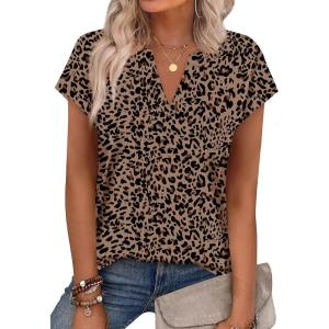 image:imageWIHOLL Womens Summer Tops V Neck T Shirts Cap Sleeve Business Casual Outfits Loose Fit Beach Vacation Clothes Basic TeesLeopard Print