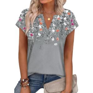 image:imageWIHOLL Womens Summer Tops V Neck T Shirts Cap Sleeve Business Casual Outfits Loose Fit Beach Vacation Clothes Basic TeesPrinted Grey
