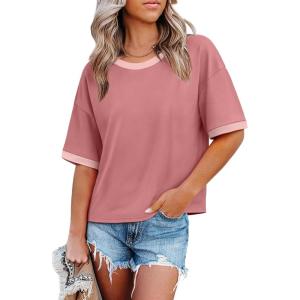 image:imageWIHOLL Womens T Shirts Loose Fit Short Half Sleeve Crew Neck Oversized Tshirts Color Block Summer Tops Fashion 2026Pink