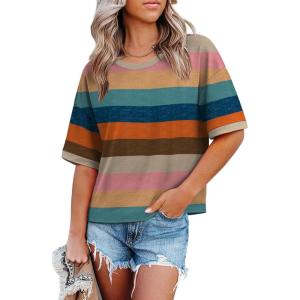 image:imageWIHOLL Womens T Shirts Loose Fit Short Half Sleeve Crew Neck Oversized Tshirts Color Block Summer Tops Fashion 2026Striped Brown