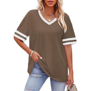 image:imageWIHOLL Womens T Shirts Loose Fit Short Sleeve Tees V Neck Color Block Summer Tops 2026 Fashion S4XLBeige Brown
