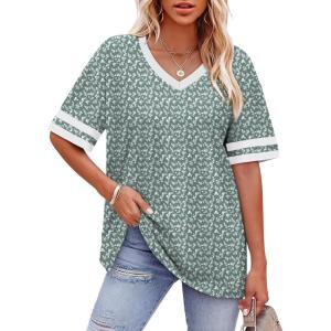image:imageWIHOLL Womens T Shirts Loose Fit Short Sleeve Tees V Neck Color Block Summer Tops 2026 Fashion S4XLGreen White