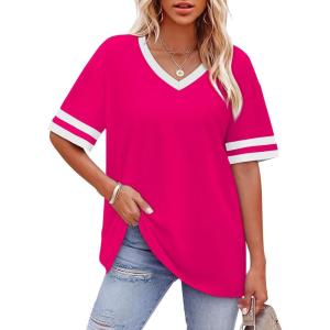 image:imageWIHOLL Womens T Shirts Loose Fit Short Sleeve Tees V Neck Color Block Summer Tops 2026 Fashion S4XLHot Pink