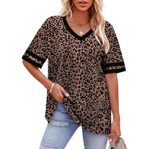 image:imageWIHOLL Womens T Shirts Loose Fit Short Sleeve Tees V Neck Color Block Summer Tops 2026 Fashion S4XLLeopard Print