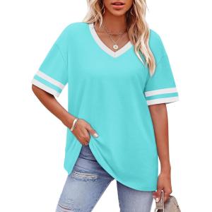 image:imageWIHOLL Womens T Shirts Loose Fit Short Sleeve Tees V Neck Color Block Summer Tops 2026 Fashion S4XLLight Lake Blue