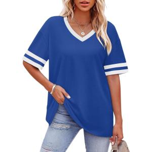image:imageWIHOLL Womens T Shirts Loose Fit Short Sleeve Tees V Neck Color Block Summer Tops 2026 Fashion S4XLLight Royal Blue