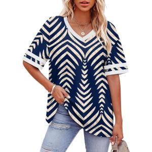 image:imageWIHOLL Womens T Shirts Loose Fit Short Sleeve Tees V Neck Color Block Summer Tops 2026 Fashion S4XLNavy Print