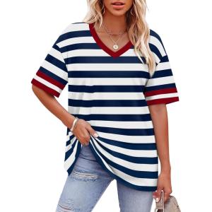 image:imageWIHOLL Womens T Shirts Loose Fit Short Sleeve Tees V Neck Color Block Summer Tops 2026 Fashion S4XLNavy White Striped