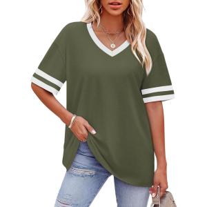 image:imageWIHOLL Womens T Shirts Loose Fit Short Sleeve Tees V Neck Color Block Summer Tops 2026 Fashion S4XLOlive Green