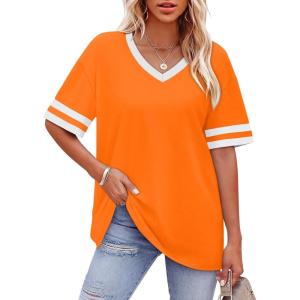 image:imageWIHOLL Womens T Shirts Loose Fit Short Sleeve Tees V Neck Color Block Summer Tops 2026 Fashion S4XLOrange