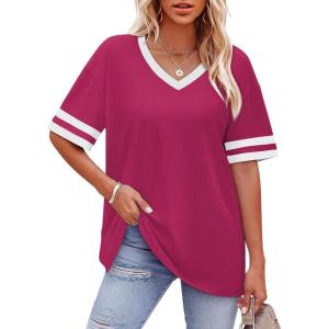 image:imageWIHOLL Womens T Shirts Loose Fit Short Sleeve Tees V Neck Color Block Summer Tops 2026 Fashion S4XLRose Red