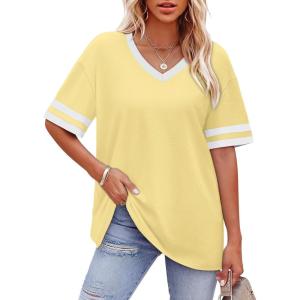 image:imageWIHOLL Womens T Shirts Loose Fit Short Sleeve Tees V Neck Color Block Summer Tops 2026 Fashion S4XLYellow