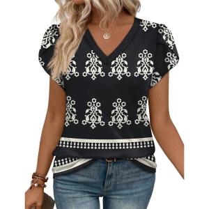 image:imageWIHOLL Womens Tops Dressy Casual Petal Sleeve Summer Spring Short Sleeve V Neck Shirts Work Business Vacation Clothes 2026Boho Black