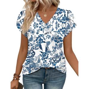 image:imageWIHOLL Womens Tops Dressy Casual Petal Sleeve Summer Spring Short Sleeve V Neck Shirts Work Business Vacation Clothes 2026Boho Blue  White Porcelain