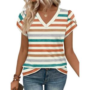 image:imageWIHOLL Womens Tops Dressy Casual Petal Sleeve Summer Spring Short Sleeve V Neck Shirts Work Business Vacation Clothes 2026Color Striped