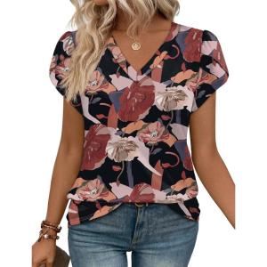 image:imageWIHOLL Womens Tops Dressy Casual Petal Sleeve Summer Spring Short Sleeve V Neck Shirts Work Business Vacation Clothes 2026Floral Black Flowers