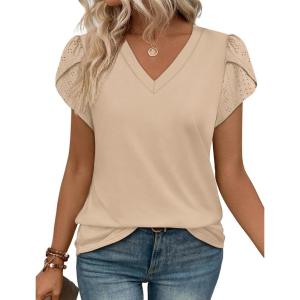 image:imageWIHOLL Womens Tops Dressy Casual Petal Sleeve Summer Spring Short Sleeve V Neck Shirts Work Business Vacation Clothes 2026Khaki