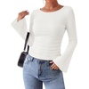 image:imageWIHOLL Bell Sleeve Tops for Women Boat Neck Ruched Ribbed Long Sleeve Fall Shirts for Women 2026All White