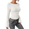 image:imageWIHOLL Bell Sleeve Tops for Women Boat Neck Ruched Ribbed Long Sleeve Fall Shirts for Women 2026All White