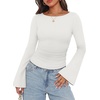 image:imageWIHOLL Bell Sleeve Tops for Women Boat Neck Ruched Ribbed Long Sleeve Fall Shirts for Women 2026All White