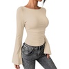 image:imageWIHOLL Bell Sleeve Tops for Women Boat Neck Ruched Ribbed Long Sleeve Fall Shirts for Women 2026Apricot