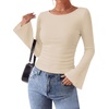 image:imageWIHOLL Bell Sleeve Tops for Women Boat Neck Ruched Ribbed Long Sleeve Fall Shirts for Women 2026Apricot