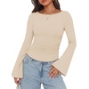 image:imageWIHOLL Bell Sleeve Tops for Women Boat Neck Ruched Ribbed Long Sleeve Fall Shirts for Women 2026Apricot