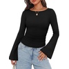 image:imageWIHOLL Bell Sleeve Tops for Women Boat Neck Ruched Ribbed Long Sleeve Fall Shirts for Women 2026Black
