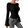 image:imageWIHOLL Bell Sleeve Tops for Women Boat Neck Ruched Ribbed Long Sleeve Fall Shirts for Women 2026Black