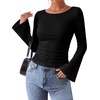 image:imageWIHOLL Bell Sleeve Tops for Women Boat Neck Ruched Ribbed Long Sleeve Fall Shirts for Women 2026Black