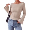 image:imageWIHOLL Bell Sleeve Tops for Women Boat Neck Ruched Ribbed Long Sleeve Fall Shirts for Women 2026Brown Plaid