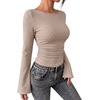 image:imageWIHOLL Bell Sleeve Tops for Women Boat Neck Ruched Ribbed Long Sleeve Fall Shirts for Women 2026Brown Plaid