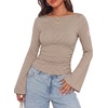 image:imageWIHOLL Bell Sleeve Tops for Women Boat Neck Ruched Ribbed Long Sleeve Fall Shirts for Women 2026Brown Plaid