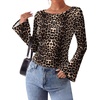 image:imageWIHOLL Bell Sleeve Tops for Women Boat Neck Ruched Ribbed Long Sleeve Fall Shirts for Women 2026Cheetah Leopard Pattern