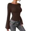 image:imageWIHOLL Bell Sleeve Tops for Women Boat Neck Ruched Ribbed Long Sleeve Fall Shirts for Women 2026Chocolate Brown