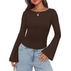 image:imageWIHOLL Bell Sleeve Tops for Women Boat Neck Ruched Ribbed Long Sleeve Fall Shirts for Women 2026Chocolate Brown