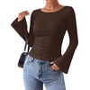 image:imageWIHOLL Bell Sleeve Tops for Women Boat Neck Ruched Ribbed Long Sleeve Fall Shirts for Women 2026Chocolate Brown