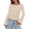 image:imageWIHOLL Bell Sleeve Tops for Women Boat Neck Ruched Ribbed Long Sleeve Fall Shirts for Women 2026Color Block Apricot