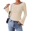 image:imageWIHOLL Bell Sleeve Tops for Women Boat Neck Ruched Ribbed Long Sleeve Fall Shirts for Women 2026Color Block Apricot