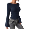 image:imageWIHOLL Bell Sleeve Tops for Women Boat Neck Ruched Ribbed Long Sleeve Fall Shirts for Women 2026Navy Blue