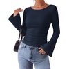 image:imageWIHOLL Bell Sleeve Tops for Women Boat Neck Ruched Ribbed Long Sleeve Fall Shirts for Women 2026Navy Blue