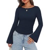 image:imageWIHOLL Bell Sleeve Tops for Women Boat Neck Ruched Ribbed Long Sleeve Fall Shirts for Women 2026Navy Blue