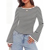 image:imageWIHOLL Bell Sleeve Tops for Women Boat Neck Ruched Ribbed Long Sleeve Fall Shirts for Women 2026Striped Black and White