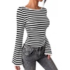 image:imageWIHOLL Bell Sleeve Tops for Women Boat Neck Ruched Ribbed Long Sleeve Fall Shirts for Women 2026Striped Black and White