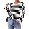 image:imageWIHOLL Bell Sleeve Tops for Women Boat Neck Ruched Ribbed Long Sleeve Fall Shirts for Women 2026Striped Black and White