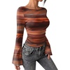 image:imageWIHOLL Bell Sleeve Tops for Women Boat Neck Ruched Ribbed Long Sleeve Fall Shirts for Women 2026Tie Dye Brown Red