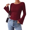 image:imageWIHOLL Bell Sleeve Tops for Women Boat Neck Ruched Ribbed Long Sleeve Fall Shirts for Women 2026Wine Red