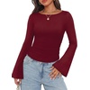 image:imageWIHOLL Bell Sleeve Tops for Women Boat Neck Ruched Ribbed Long Sleeve Fall Shirts for Women 2026Wine Red
