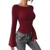 image:imageWIHOLL Bell Sleeve Tops for Women Boat Neck Ruched Ribbed Long Sleeve Fall Shirts for Women 2026Wine Red
